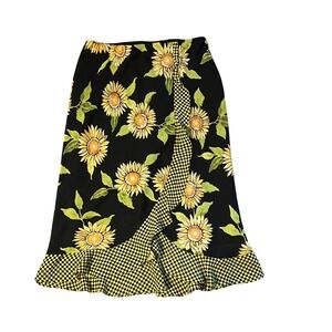 Nouveaux Black Sunflower Wrap Midi Skirt‎ Women's Size 10 Ruffle Hem
